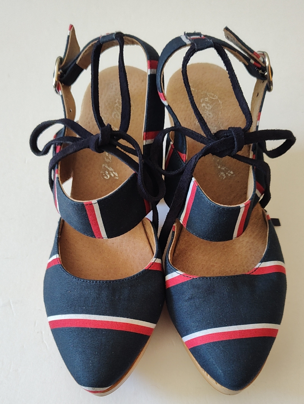 FREE PEOPLE Women’s Navy Red White Striped Ankle-Tie Wedges Size 38 US 7